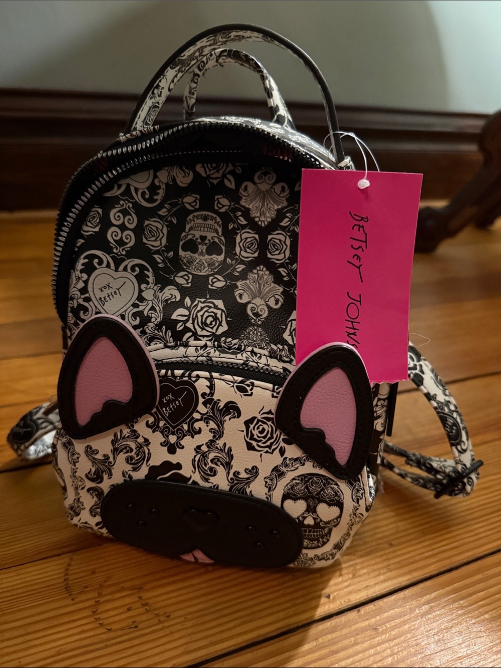 Betsey Johnson Black & Pink Skull Rose Kids Mini Backpack with Ear Accents